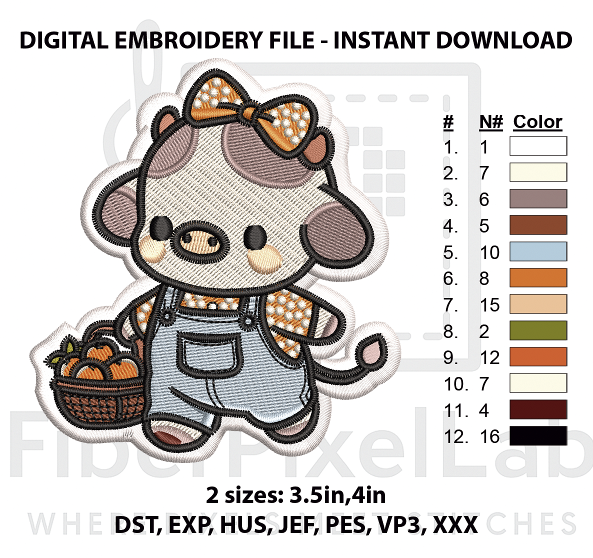 Autumn Cow with Pumpkin Basket Embroidery Design