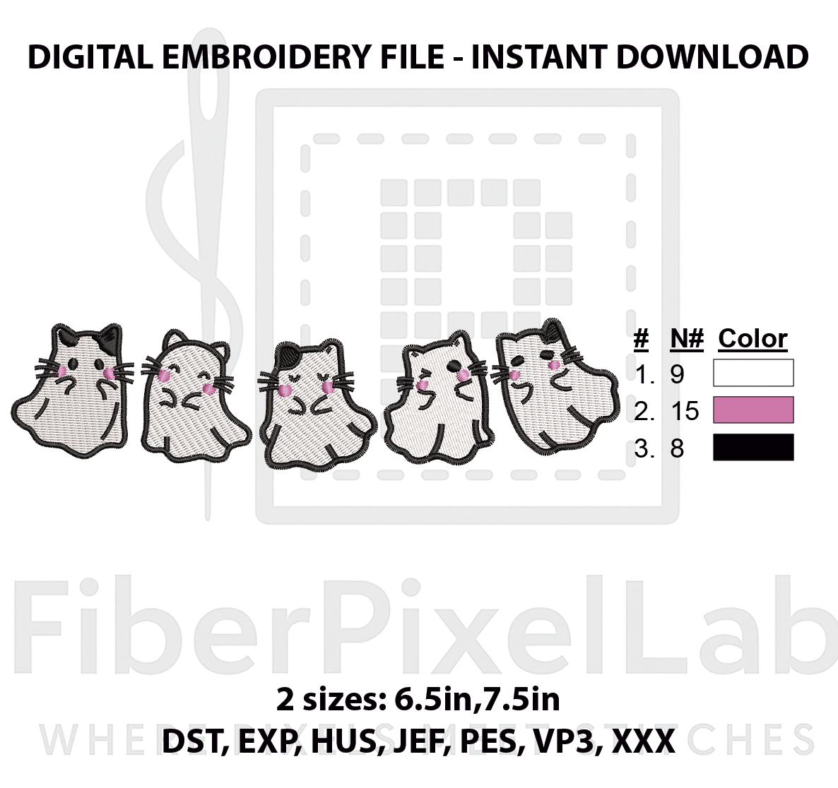 Cute Ghost Cat Lineup Embroidery Design