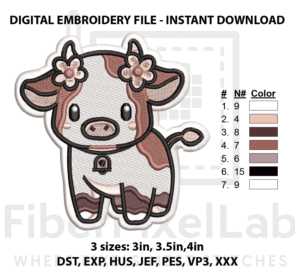 Flower Crown Baby Cow Embroidery Design