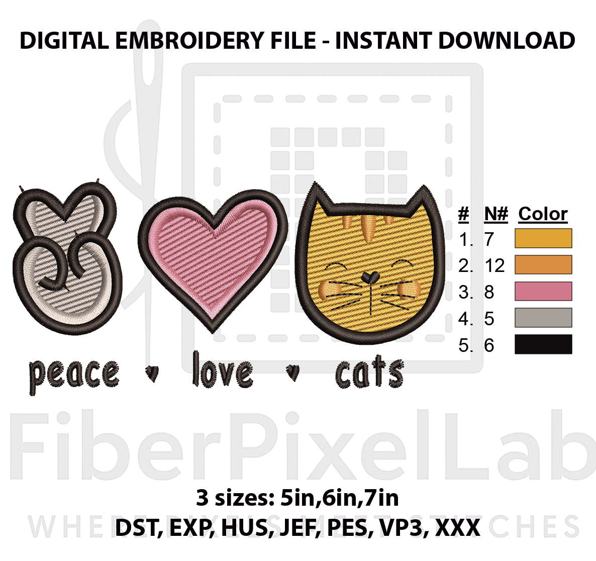 Peace Love Cats Embroidery Design