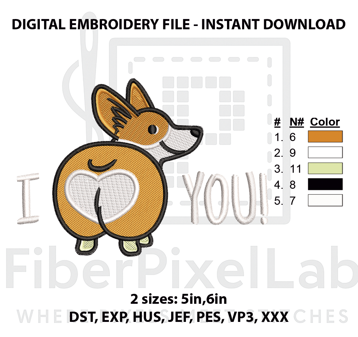 I Love You Corgi Heart Embroidery Design