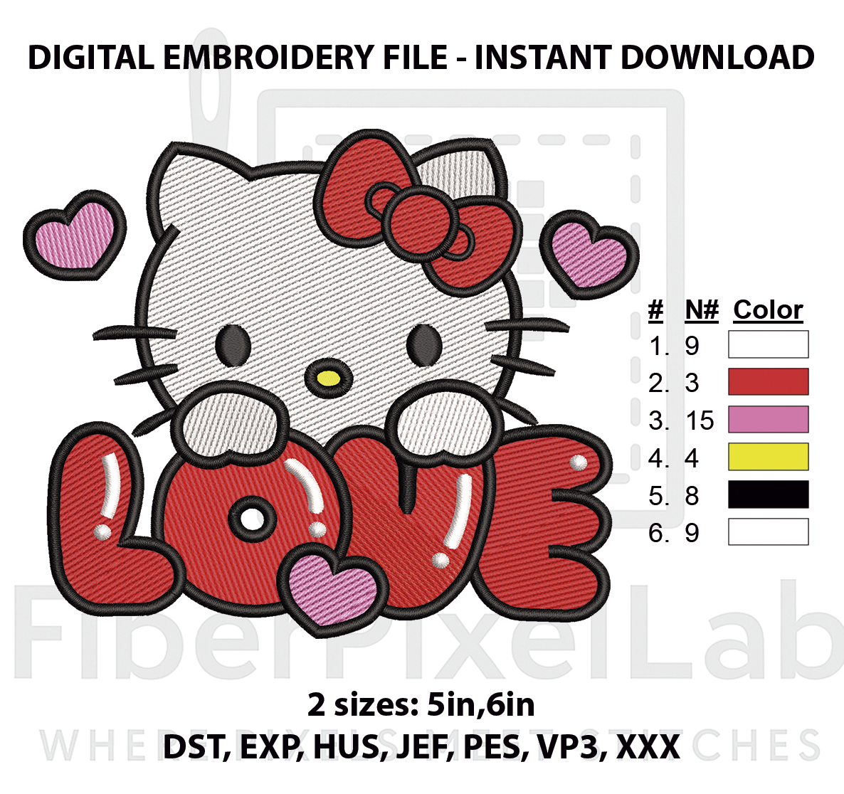 Bow Cat Love Hearts Embroidery Design