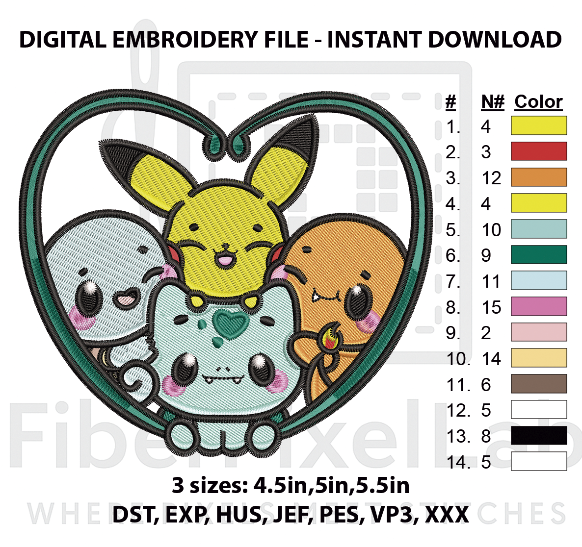 Kawaii Creature Friends Heart Embroidery Design