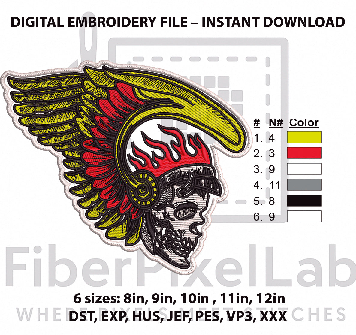 Winged Skull Feather Headdress Embroidery Design