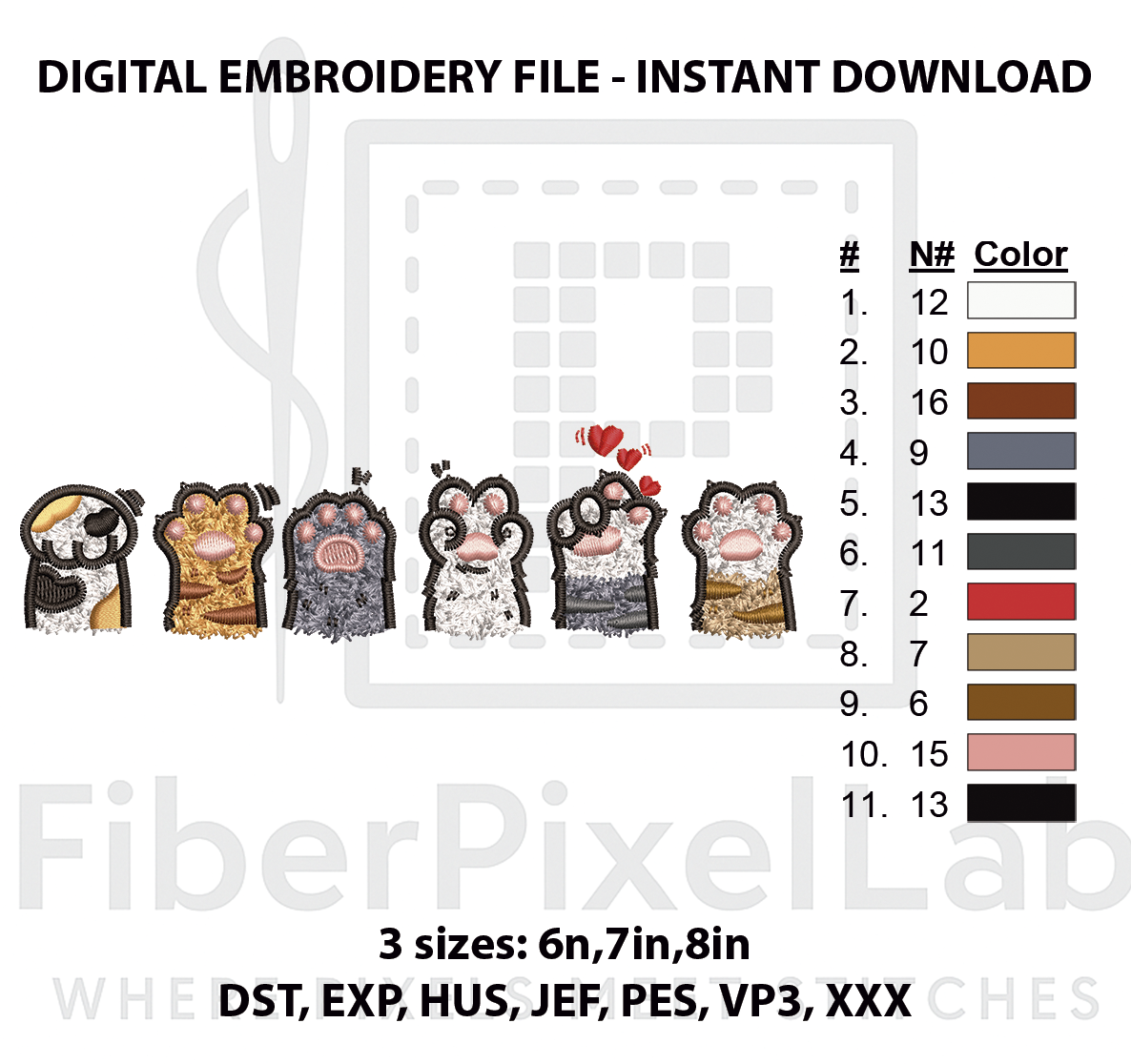 Colorful Cat Paw Lineup Embroidery Design