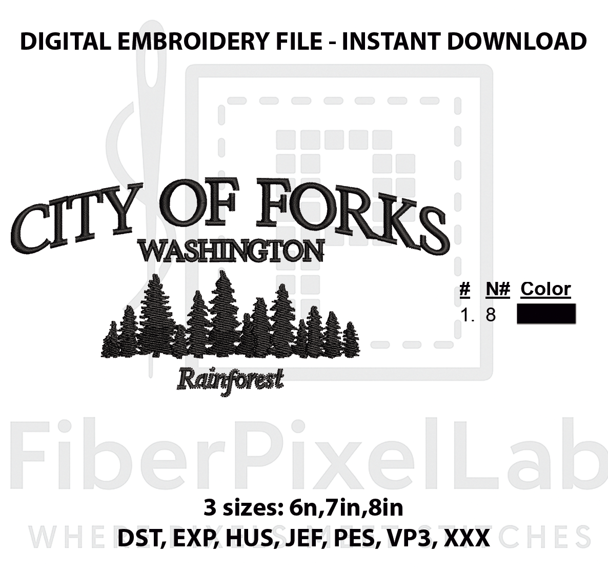 Rainforest Town Pine Trees Embroidery Design