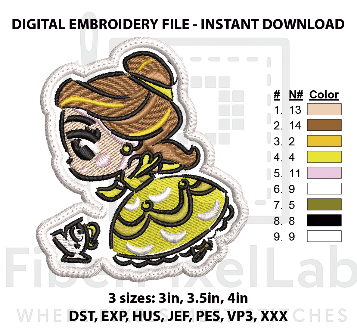 Yellow Gown Storybook Princess Embroidery Design